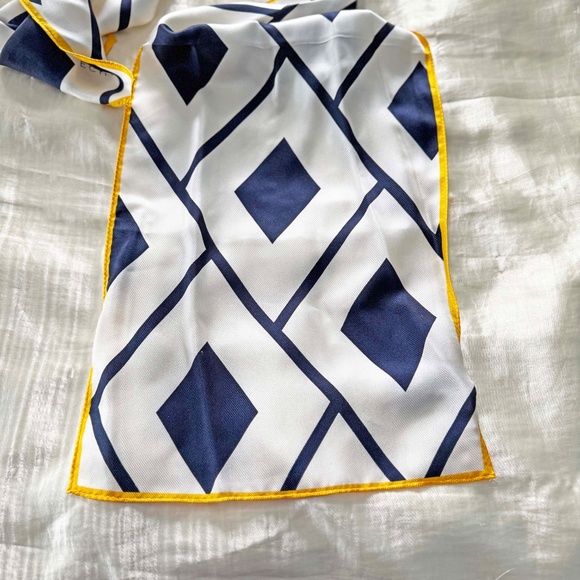 100% SILK SCARF, by ECHO, YELLOW/NAVY/WHITE, 59 X 11 INCHES, MADE IN JAPAN, - Picture 2 of 5